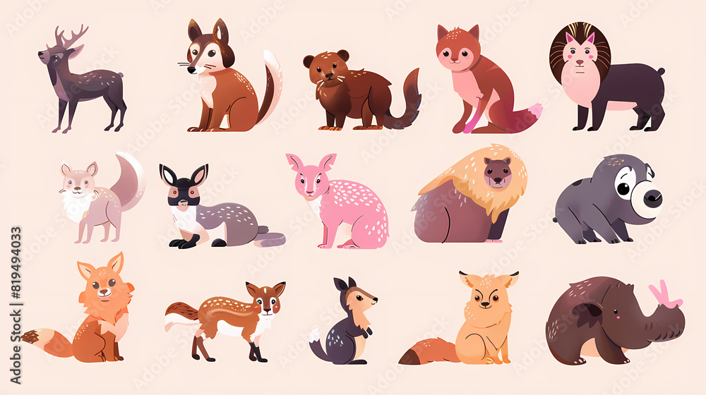 Obraz premium A set of cute cartoon animals. Vector flat images of animals for postcards, invitations, textiles, thermal printing