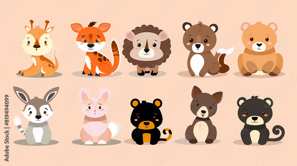 A set of cute cartoon animals. Vector flat images of animals for postcards, invitations, textiles, thermal printing