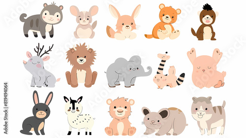 A set of cute cartoon animals. Vector flat images of animals for postcards, invitations, textiles, thermal printing