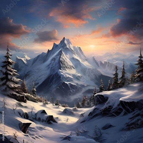sunset behind snowy mountains