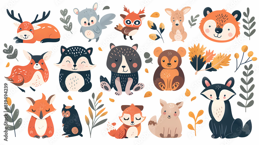 A set of cute cartoon animals. Vector flat images of animals for postcards, invitations, textiles, thermal printing A set of cute cartoon animals. Vector flat images of animals for postcards, invitations, textiles, thermal printing