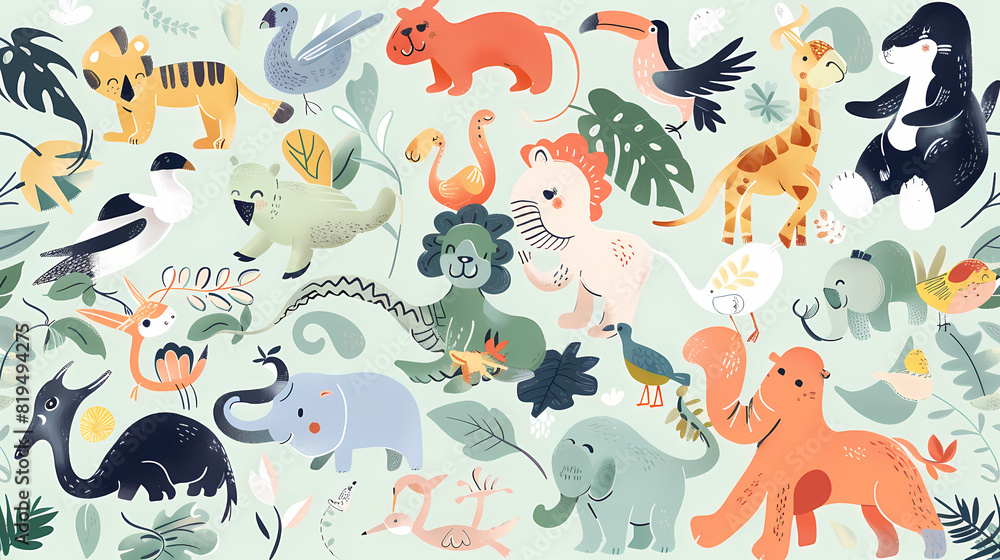 Fototapeta premium A set of cute cartoon animals. Vector flat images of animals for postcards, invitations, textiles, thermal printing