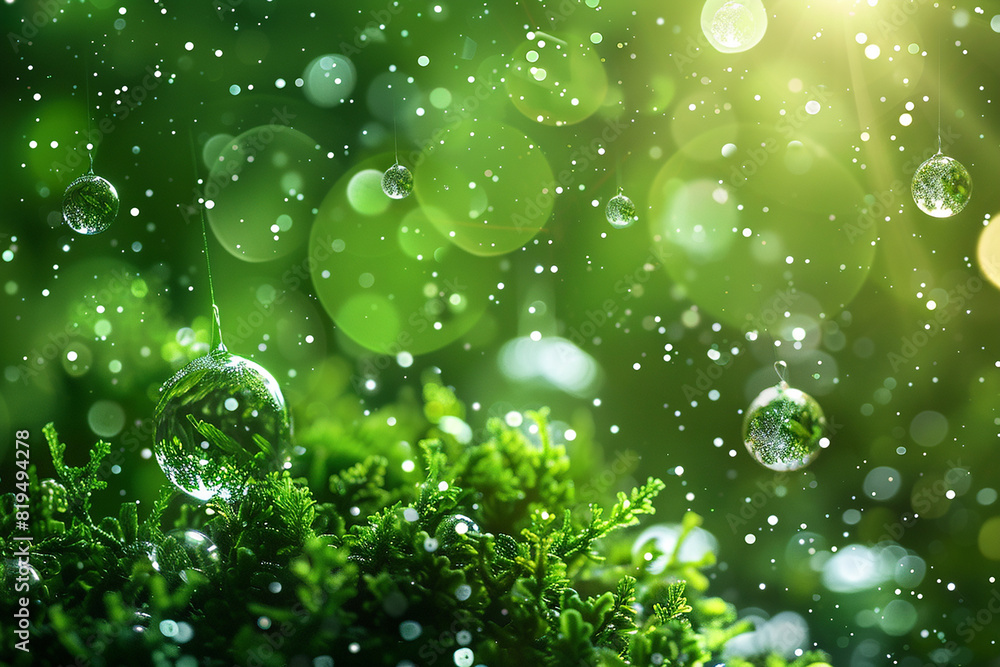 Serene green landscape illuminated by twinkling glass balls and floating snowflakes.