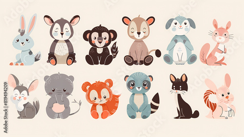 A set of cute cartoon animals. Vector flat images of animals for postcards, invitations, textiles, thermal printing