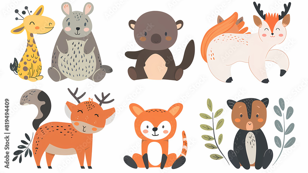 Obraz premium A set of cute cartoon animals. Vector flat images of animals for postcards, invitations, textiles, thermal printing