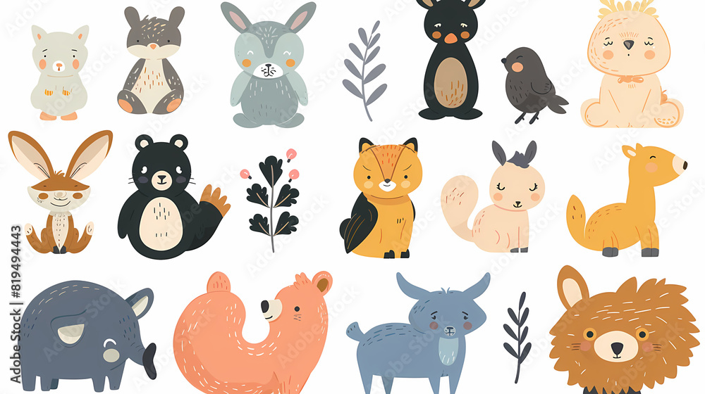 Fototapeta premium A set of cute cartoon animals. Vector flat images of animals for postcards, invitations, textiles, thermal printing