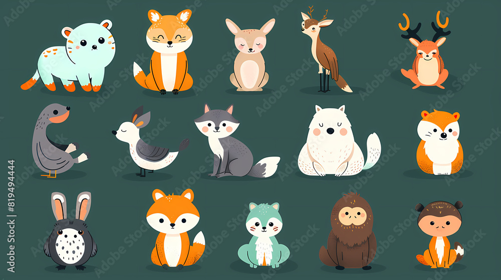 Obraz premium A set of cute cartoon animals. Vector flat images of animals for postcards, invitations, textiles, thermal printing