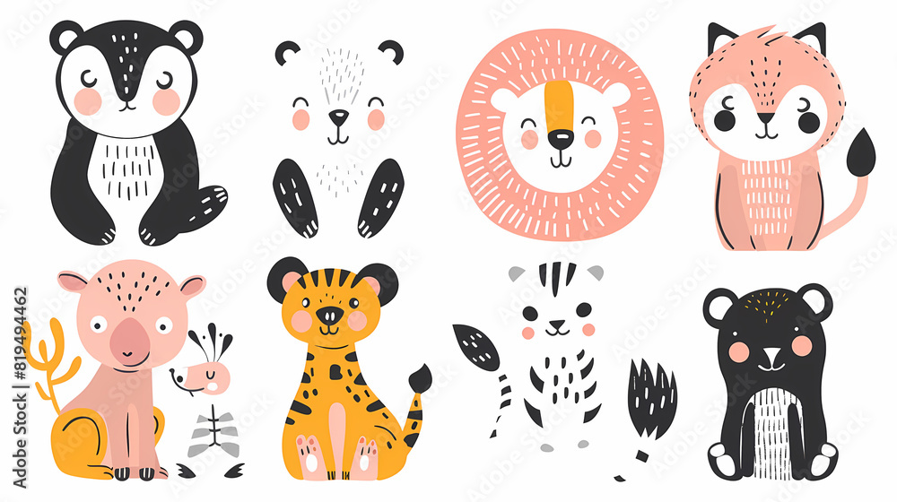 Obraz premium A set of cute cartoon animals. Vector flat images of animals for postcards, invitations, textiles, thermal printing