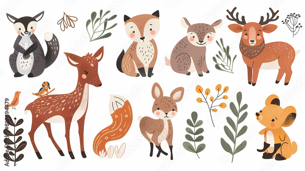 A set of cute cartoon animals. Vector flat images of animals for postcards, invitations, textiles, thermal printing A set of cute cartoon animals. Vector flat images of animals for postcards, invitations, textiles, thermal printing
