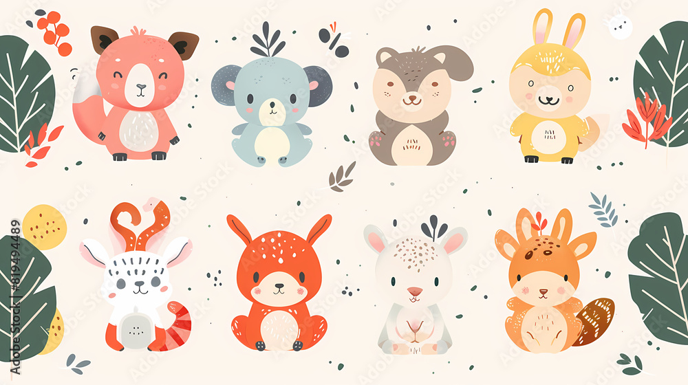 Obraz premium A set of cute cartoon animals. Vector flat images of animals for postcards, invitations, textiles, thermal printing