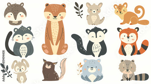 A set of cute cartoon animals. Vector flat images of animals for postcards, invitations, textiles, thermal printing