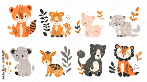 A set of cute cartoon animals. Vector flat images of animals for postcards, invitations, textiles, thermal printing © ak159715