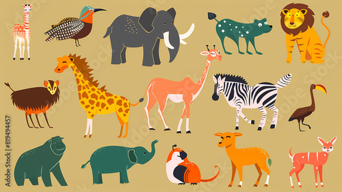 A set of cute cartoon animals. Vector flat images of animals for postcards  invitations  textiles  thermal printing