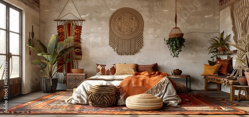 modern boho chic with a real photo capturing a stylish bedroom adorned with macramé wall hangings. layered rugs, and eclectic artwork. blending textures and patterns to create a vibrant. photo