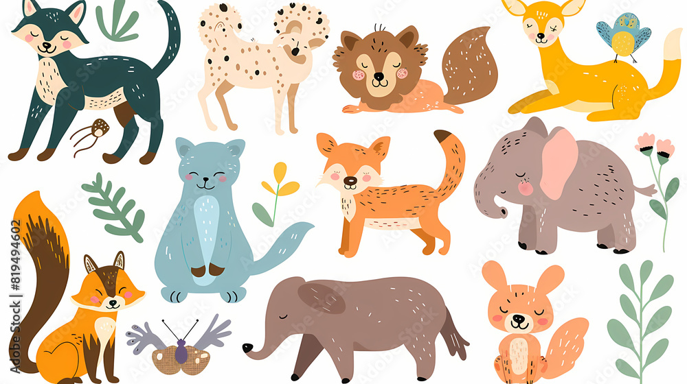 A set of cute cartoon animals. Vector flat images of animals for postcards, invitations, textiles, thermal printing A set of cute cartoon animals. Vector flat images of animals for postcards, invitations, textiles, thermal printing