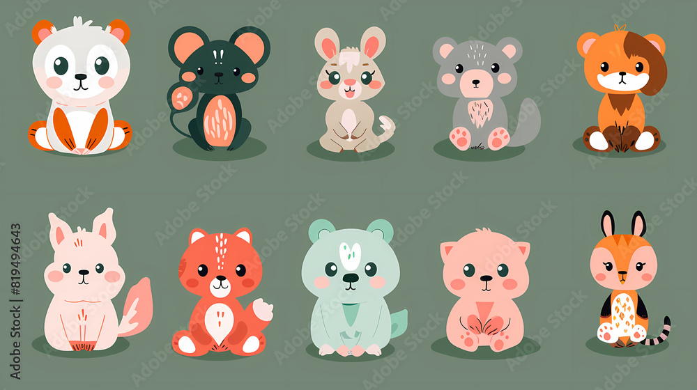 Obraz premium A set of cute cartoon animals. Vector flat images of animals for postcards, invitations, textiles, thermal printing