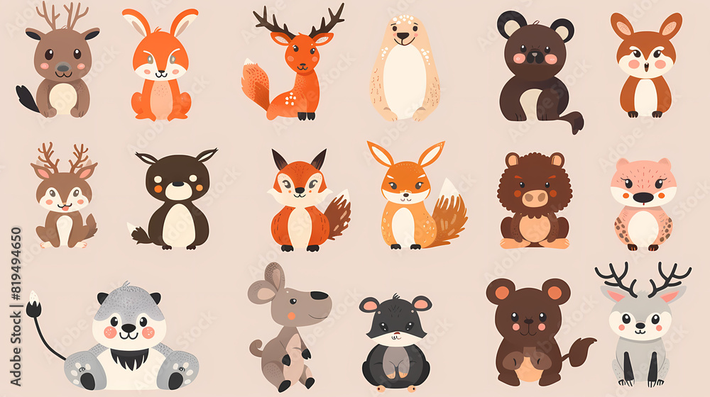 A set of cute cartoon animals. Vector flat images of animals for postcards, invitations, textiles, thermal printing A set of cute cartoon animals. Vector flat images of animals for postcards, invitations, textiles, thermal printing
