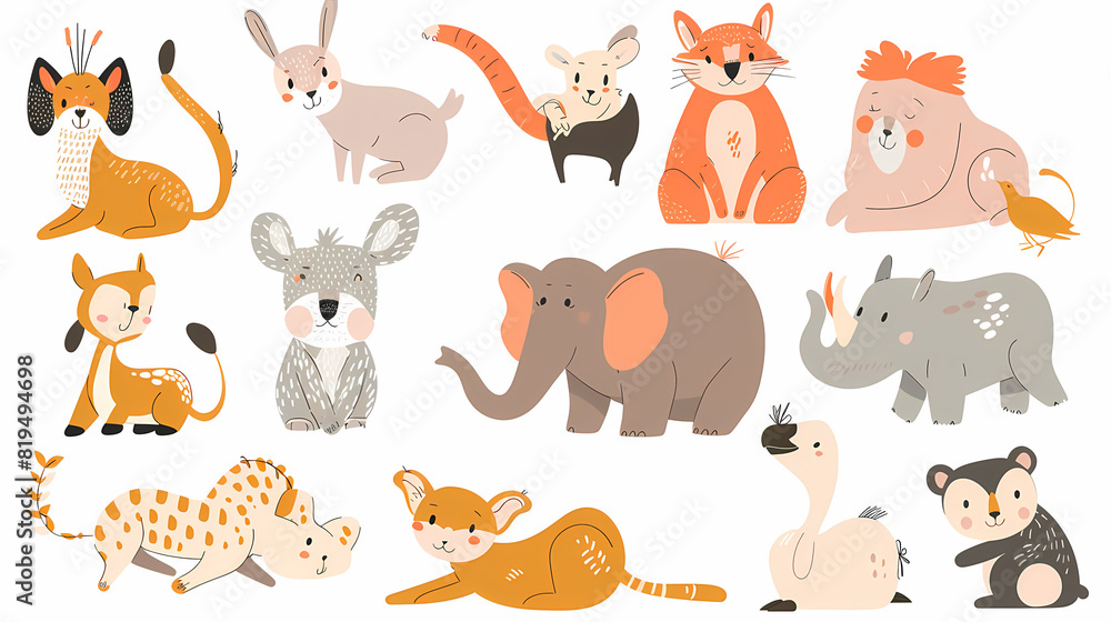 A set of cute cartoon animals. Vector flat images of animals for postcards, invitations, textiles, thermal printing