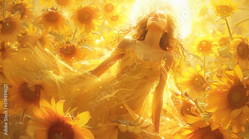 A beautiful sun goddess with a glowing halo and a golden gown, surrounded by vibrant sunflowers and bathed in sunlight, Watercolor, Bright colors, Light hues, Elegant details