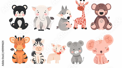 A set of cute cartoon animals. Vector flat images of animals for postcards, invitations, textiles, thermal printing