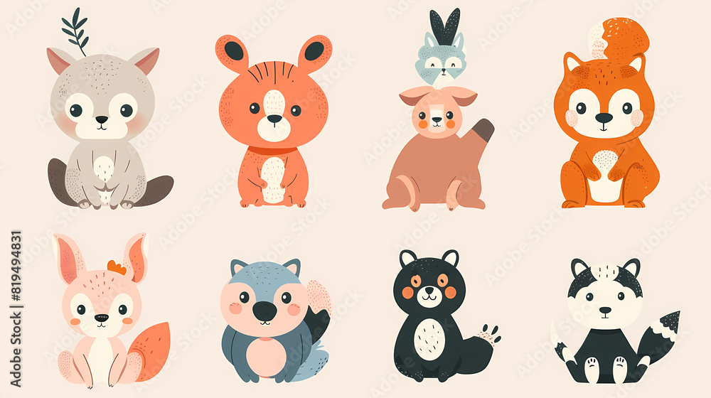 A set of cute cartoon animals. Vector flat images of animals for postcards, invitations, textiles, thermal printing A set of cute cartoon animals. Vector flat images of animals for postcards, invitations, textiles, thermal printing