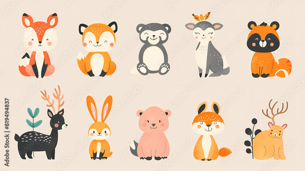 A set of cute cartoon animals. Vector flat images of animals for postcards, invitations, textiles, thermal printing A set of cute cartoon animals. Vector flat images of animals for postcards, invitations, textiles, thermal printing