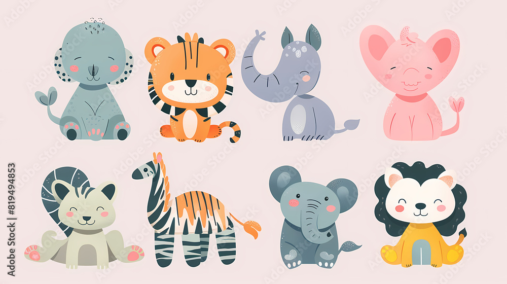 A set of cute cartoon animals. Vector flat images of animals for postcards, invitations, textiles, thermal printing A set of cute cartoon animals. Vector flat images of animals for postcards, invitations, textiles, thermal printing