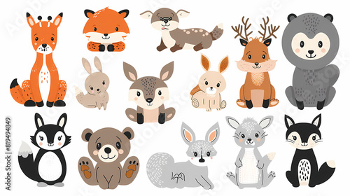 A set of cute cartoon animals. Vector flat images of animals for postcards, invitations, textiles, thermal printing
