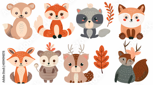 A set of cute cartoon animals. Vector flat images of animals for postcards  invitations  textiles  thermal printing