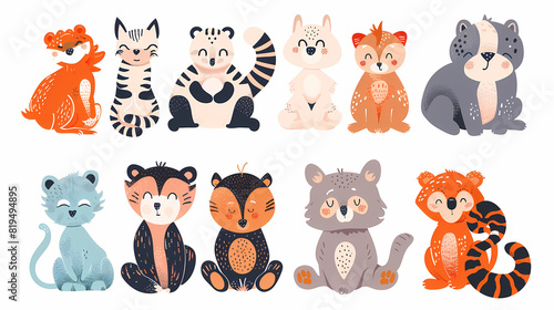 A set of cute cartoon animals. Vector flat images of animals for postcards  invitations  textiles  thermal printing