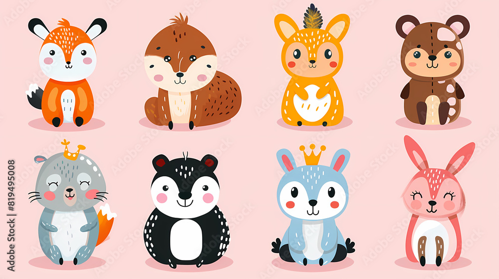 A set of cute cartoon animals. Vector flat images of animals for postcards, invitations, textiles, thermal printing A set of cute cartoon animals. Vector flat images of animals for postcards, invitations, textiles, thermal printing