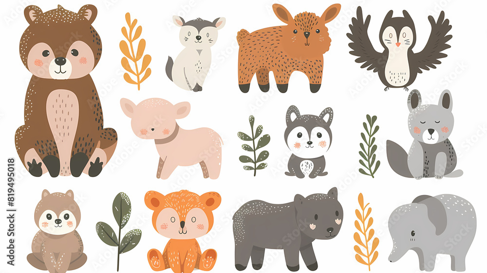 Obraz premium A set of cute cartoon animals. Vector flat images of animals for postcards, invitations, textiles, thermal printing