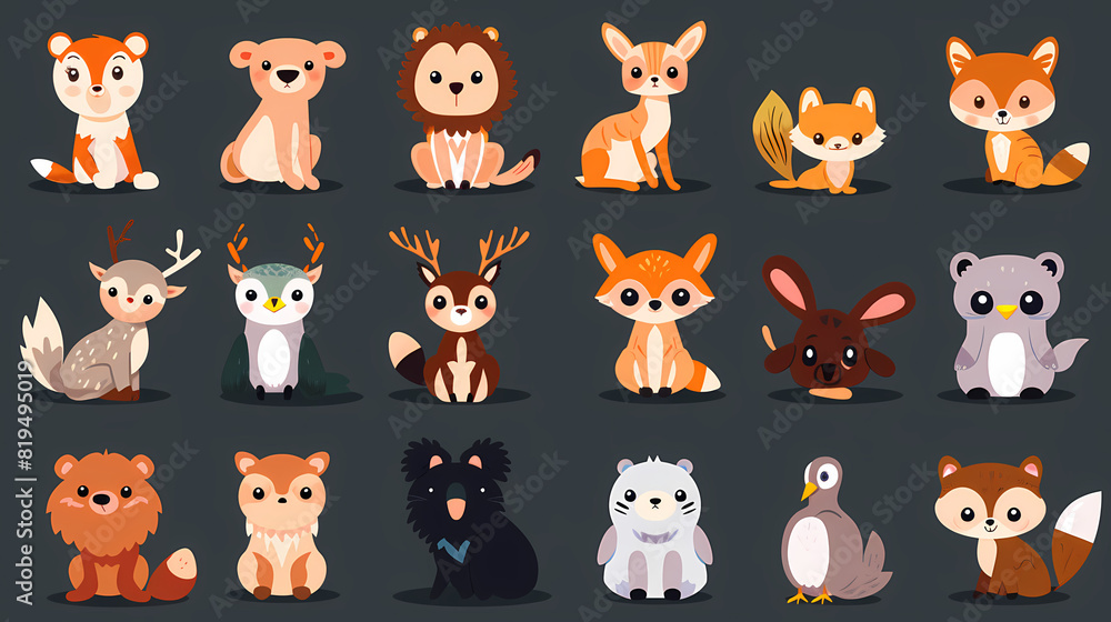 A set of cute cartoon animals. Vector flat images of animals for postcards, invitations, textiles, thermal printing A set of cute cartoon animals. Vector flat images of animals for postcards, invitations, textiles, thermal printing