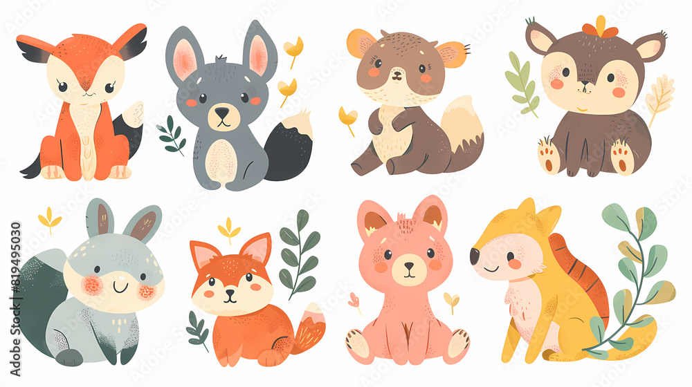 A set of cute cartoon animals. Vector flat images of animals for postcards, invitations, textiles, thermal printing