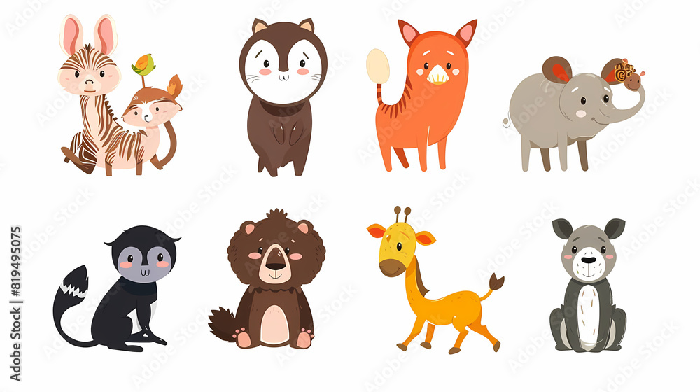 Fototapeta premium A set of cute cartoon animals. Vector flat images of animals for postcards, invitations, textiles, thermal printing