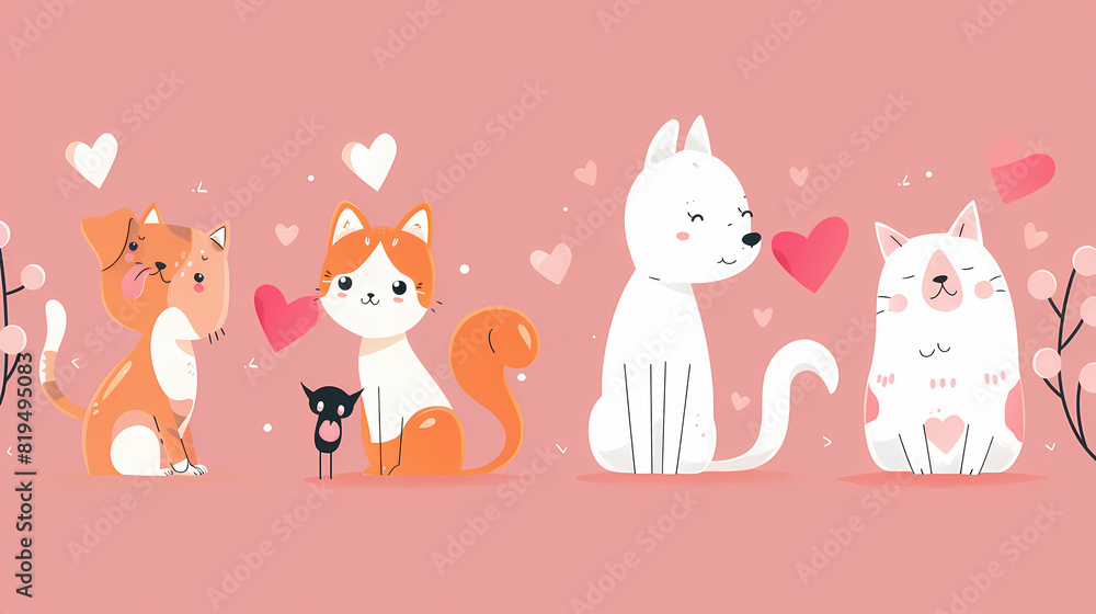 Obraz premium Funny Animal in Love Feel Passion at Valentine Day ,A set of cute cartoon animals. Vector flat images of animals for postcards, invitations, textiles, thermal printing