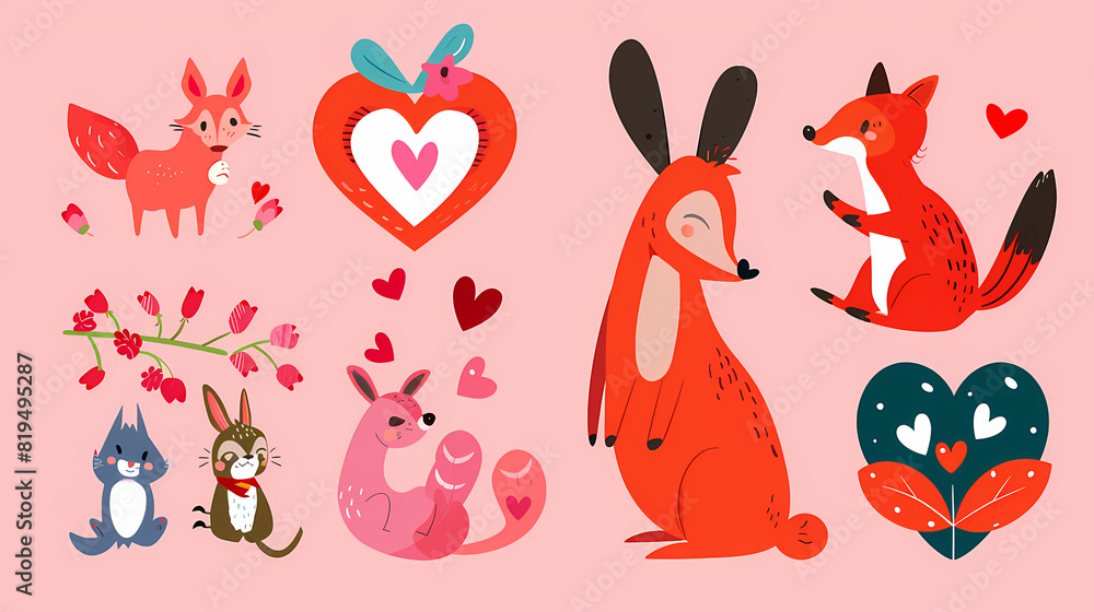 Obraz premium Funny Animal in Love Feel Passion at Valentine Day ,A set of cute cartoon animals. Vector flat images of animals for postcards, invitations, textiles, thermal printing