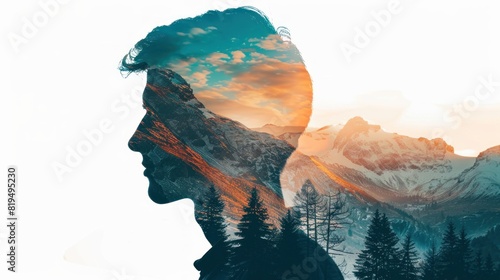 Conceptual image. Profile silhouette of young transparent man and nature landscape of snowy mountains