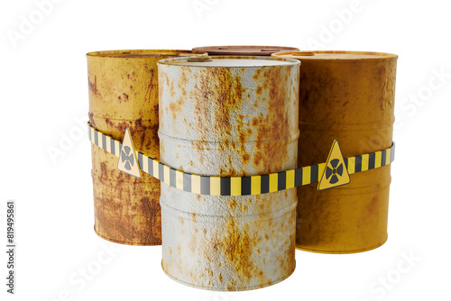 Chemical and radiation oil tanks, old rusty metal tanks with danger signs, oil spills or liquid objects in the crude oil industry, isolated on background. 3D illustration, realistic rendering