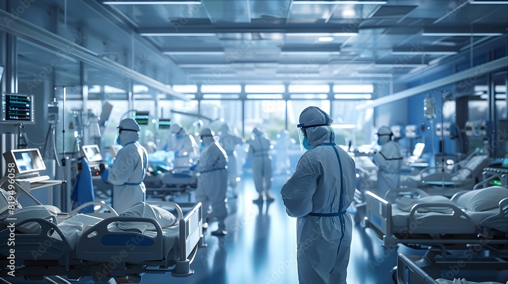 Dedicated healthcare professionals providing critical care in a bustling hospital ward equipped with advanced medical technology Dedicated healthcare professionals providing critical care in a bustling hospital ward equipped with advanced medical technology