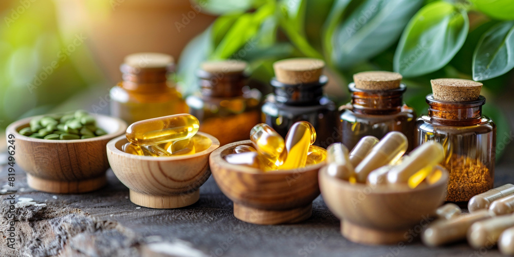 Homeopathy herbal extracts in small bottles with green blur background Homeopathy herbal extracts in small bottles with green blur background