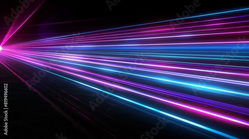 In the dark expanse of the background, blue and violet laser beams intersect and shine brightly, creating a visually stunning pattern. The vivid colors against the black backdrop 