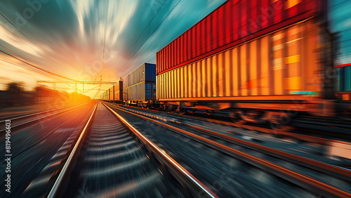 close up container train in motion during sunset 