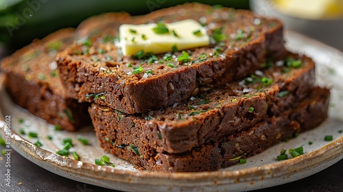 A plate of zucchini bread with a pat of butter..illustration