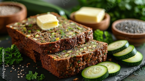 A plate of zucchini bread with a pat of butter..stock photo