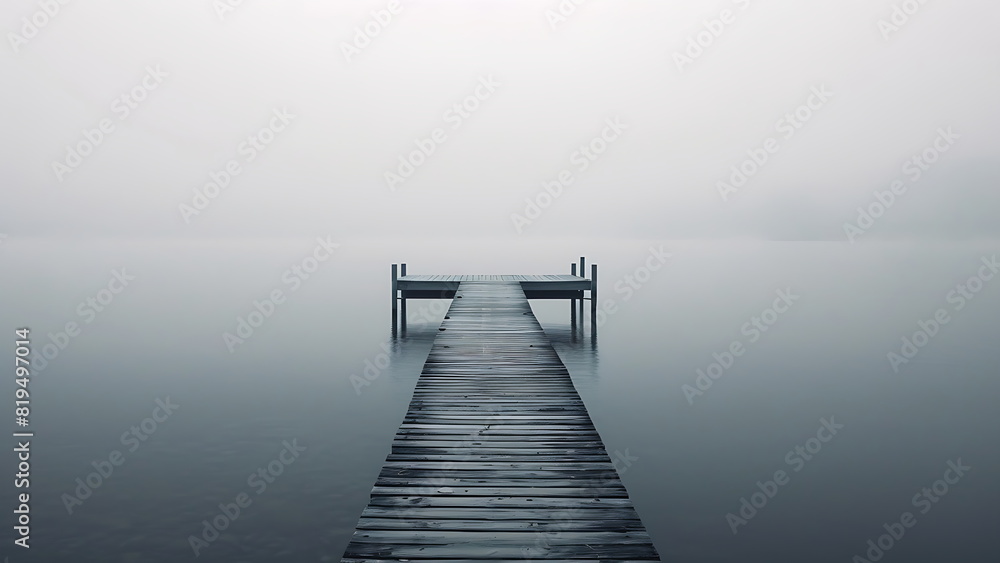 A wooden pier on a tranquil lake shrouded in mist