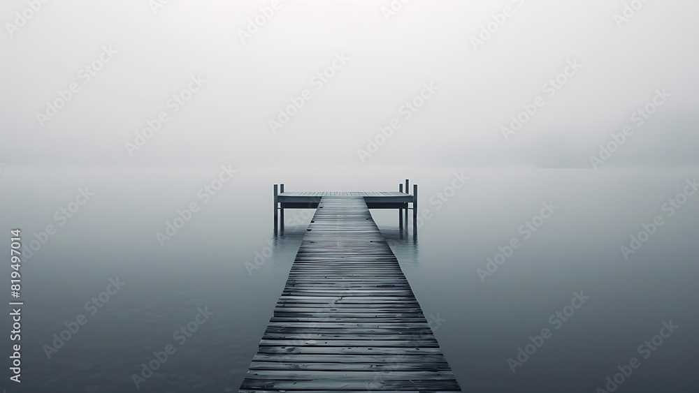 A wooden pier on a tranquil lake shrouded in mist A wooden pier on a tranquil lake shrouded in mist