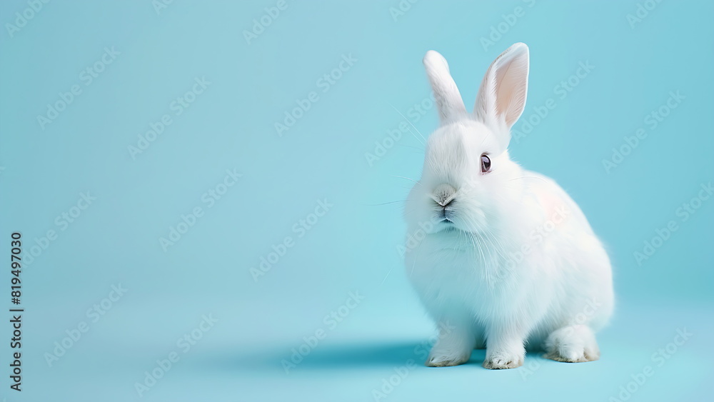 Cute white fluffy rabbit isolated on pastel blue background Cute white fluffy rabbit isolated on pastel blue background