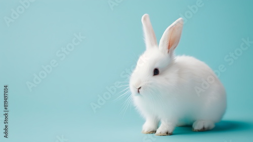 Cute white fluffy rabbit isolated on pastel blue background