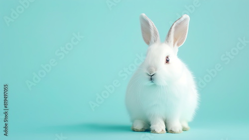 Cute white fluffy rabbit isolated on pastel blue background